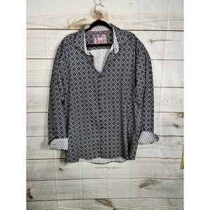 7 Downie St Couture Mens Navy Geometric Diamond Print Button Down Shirt Size 8